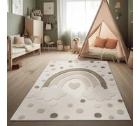 Paco Home Tappeto per bambini Tappeto da gioco moderno Camera dei bambini Effetto 3D Toni naturali Pelo morbido Robusto; facile da pulire Motivo arcobaleno Crema Sabbia, Dimensione:160x220 cm