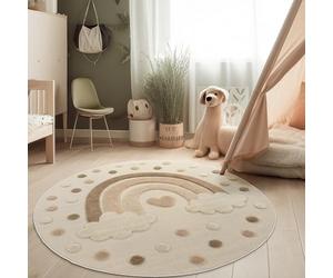 Paco Home Tappeto per cameretta bambino Effetto 3D Tappeto resistente Toni naturali, Dimensione:Ø 160 cm tondo, Colore:Sabbia (arcobaleno)