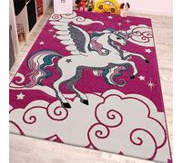Paco Home Tappeto Per Cameretta Il Piccolo Unicorno Alato Nei Colori Fuchsia Bianco Turchese, Dimensione:133 cm quadrato