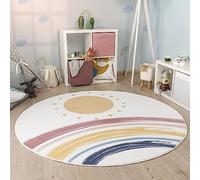 Paco Home Tappeto Rotondo Bambini Cameretta Bambina Ragezzi Arcobaleno Lavabile In Lavatrice Moderno, Dimensione:Ø 120 cm tondo, Colore:Bianco