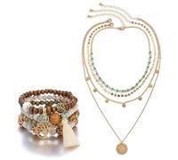 PacuM 2 Pezzi Gioielli Mare Bohémien Parure Collane Estive Donna Regolabile Perline Braccialetti Bohemien Set Gioielli Donna Collane Estive Turchese Braccialetti Perline Legno per Famiglia Amici