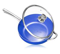 Padella 28cm a induzione con coperchio in vetro, bordo alto, rivestimento antiaderente chimico rinforzato in ceramica, coperchio in vetro a prova di forno (28 cm, Blu)