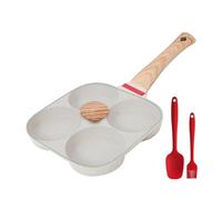 Padella antiaderente for uova da 4 tazze con coperchio ribaltabile, cuoci-pancake in alluminio spatola e pennello, cottura di hamburger frittate(White W Lid set)