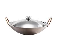 Padella cinese extra spessa in acciaio inox per paella, fondo rotondo, padella a doppio orecchio, pentola per servire snack con manico in metallo, per casa e cucina, argento, 26 cm