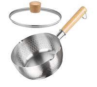 padella in acciaio inox casseruola for salsa al latte con coperchio in vetro, manico in legno e rastrelliera for il gocciolamento dell'olio pentola martellata giapponese multiuso(16cm/6.3in)