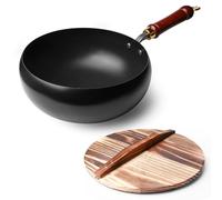 Padella in ferro forgiato a mano, 24 cm: non rivestita, trattiene il calore, con manico in legno e coperchio, antiaderente per gas e induzione, versatile per friggere, friggere, saltare e ricette