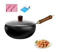 Padella in Ferro Giapponese, Forgiato a Mano Antiaderente Non Rivestita, Pentola in Ferro Con Coperchio in Vetro/Legno Per Friggere Ad Alta Temperatura, Stufare, Bollire (20 cm, Coperchio in vetro)