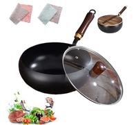 Padella in Ferro Giapponese, Padella in Ferro Forgiato Non Rivestita a Mano, Antiaderente Grande Vaso con Coperchio Per Fornelli a Gas E Induzione (Finitura martellata + coperchio in vetro, 30 cm)