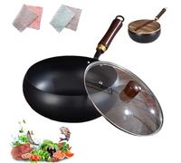 Padella in Ferro Giapponese, Padella in Ferro Forgiato Non Rivestita a Mano, Antiaderente Grande Vaso con Coperchio Per Fornelli a Gas E Induzione (Finitura lucida + coperchio in vetro, 30 cm)