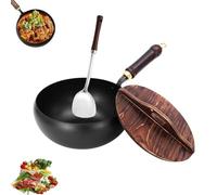 Padella in ghisa Jinswhdre, padella giapponese in ghisa forgiata a mano con coperchio, wok antiaderente non rivestito per cucinare e friggere, Padella in ferro resistente per cucina (C, 28CM)