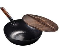 Padella in Ghisa Non Rivestita da 32 Cm, Wok Rotondo Antiaderente, Pentola per Addensare La Casa con Manico E Coperchio in Legno, Fornello A Gas A Induzione Universale