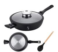 Padella induzione estremamente antiaderente | alluminio acciaio e rivestimento tedesco | padelle chef professionale | antigraffio | cucina senza grassi + coperchio in vetro temperato (28CM ALTA)