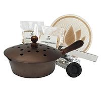 Padella per affumicatura di alta qualità in ferro con manico in legno color rame, set completo con carbone, sabbia e pinza, affumicatura per resine e incenso (Ø 16 cm)