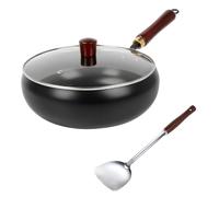 Padella Wok Antiaderente 28cm, Padella in Ghisa con Coperchio in Vetro, Mano in Legno e Pala, Pentola Wok Antiaderente Senza Rivestimento Forgiata a Mano, Tegame Saltapasta per Fornelli e Induzione