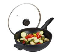 Relaxdays Wok, Padella con Coperchio di Vetro, 30 cm, Antiaderente, per Fornelli a Gas, Elettrici & Induzione, 4l, nero