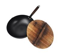 Padella wok in acciaio al carbonio da 32 cm, con coperchio in legno, fondo piatto non rivestito, padella cinese per induzione elettrica a gas, tutte le stufe