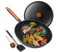 Padella wok in acciaio al carbonio - wok da 32,8 cm e padelle antiaderenti con spatola: wok a fondo piatto per stufe elettriche, a induzione e a gas