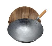 Padella Wok, Wok Tradizionale Martellato A Mano in Acciaio Al Carbonio Con Manico in Legno E Acciaio Wok Cinese (Fondo Tondo) Wok Spessore 1,8 Mm Con Coperchio,32cm
