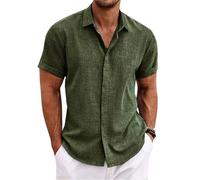 PADOLA Camicia in Lino Uomo Camicie con Collo Botton-downa Maniche Corte e da Spiaggia Slim Fit Estiva Estate Casual(S,Verde Militare)