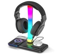 Padwa Lifestyle Cybercafé Essential - Supporto per cuffie con ricarica wireless, stazione di ricarica da gioco 3 in 1 per sale gioco/cabine, porte Qi + USB-C da 15 W, un punto di svolta per le