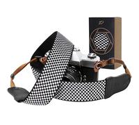 Padwa Lifestyle Tracolla per fotocamera a quadretti fini bianca e nera - Tracolla in cotone con testa in pelle bovina larga 5,1 cm, stile vintage a quadri tessuti per collo, spalla e tracolla per