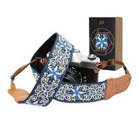 Padwa Lifestyle Tracolla per fotocamera con fiore blu - 2 pollici di larghezza vintage ricamato in cotone con estremità in pelle bovina, può essere utilizzata come cinghia per tutte le fotocamere,