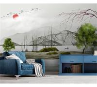 Paesaggio A Inchiostro Fresco Fiori Di Pesco All'Alba Uccelli Carta Da Parati 3D Seta lusso Studio Sala Pranzo Divano Camera Per Mobili Letto Soggiorno Tv Muro-430cm×300cm