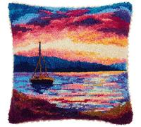 Paesaggio al tramonto DIY Kit Ricamare Cuscini,Barche da pesca in riva al mare,Kit di Ganci a Chiusura per Cuscino,Federa per Cuscino per Divano per Adulti,Home Decor,43x43cm