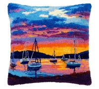 Paesaggio al tramonto DIY Kit Ricamare Cuscini,Barche da pesca in riva al mare,Kit di Ganci a Chiusura per Cuscino,Federa per Cuscino per Divano per Adulti,Home Decor,43x43cm
