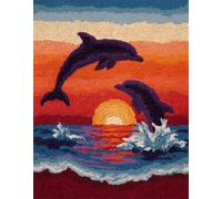 paesaggio al tramonto Kit di tappeti con gancio a scatto,Due delfini che saltano fuori dal mare,set DIY per la creazione di tappeti perfetto per adulti,progetti creativi per tappeti unici,55x75cm