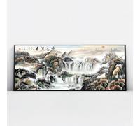 Paesaggio cinese Tela di canapa Arte della parete Cascata Paesaggio Stampe di opere d'arte Pittura in stile orientale Grande poster murale per l'arredamento del soggiorno 30x76cm con cornice nera
