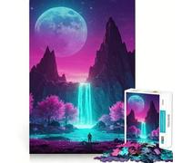 Paesaggio con cascata al neon e alberi rosa - Puzzle per adulti da 1000 pezzi - Gioco stimolante per la mente - Relax - Taglio di qualità - Regalo prezioso (38x26cm)