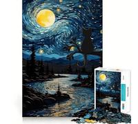 Paesaggio con gatto nella notte stellata, puzzle da 1000 pezzi per ragazzi, ideale per il recupero della memoria, il relax e il divertimento, con dettagli nitidi, regalo stagionale 38x26cm