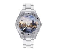 Paesaggio con un tradizionale mulino a vento orologi da uomo orologio da polso con cinturino in acciaio inossidabile orologio analogico elegante orologio personalizzato in lega orologi classici per