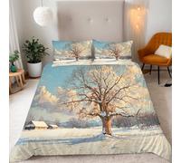 Paesaggio Copripiumino Singolo Cabina Dei Fiocchi Di Neve Invernali Set Copripiumino 135x200cm Microfibra Traspirante Morbido 3 Pezzi Singolo Parure Ragazzo, con Cerniera e 2 x Federe 50x75cm
