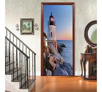 Paesaggio Del Faro Costiero Adesivi per Porte Interne 3D PVC Impermeabile Autoadesivo Creative Arte Sticker Buccia e Bastone Blu Adesivo di Porta Per la decorazione domestica 80x210 cm