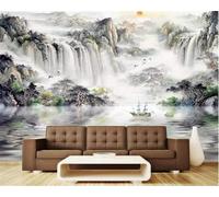 Paesaggio Dipinto A Inchiostro Cascata Piccola Barca Alba 3D Carta Da Parati Facile Installare Mobili Sfondi Ufficio Divano Camera Letto Sfondo Decorazione Murale-250cm×170cm
