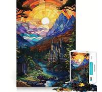 Paesaggio fantastico in vetro colorato con castello, puzzle da 1000 pezzi per ragazzi, gioco per esercitare la mente, momento di condivisione, taglio di precisione, pezzo da collezione 38x26cm
