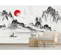 Paesaggio In Bianco E Nero Con Inchiostro Diluito Alba Uccelli In Volo 3D Carta Da Parati Facile Installare Mobili Sfondi Ufficio Divano Camera Letto Sfondo Decorazione Murale-350cm×256cm