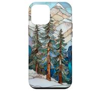 Paesaggio invernale Pino Alberi Stained Glass Xmas Celeste Custodia per iPhone 12 mini
