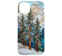 Paesaggio invernale Pino Alberi Stained Glass Xmas Celeste Custodia per iPhone 14 Plus