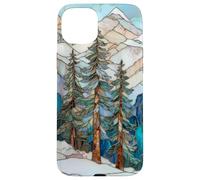 Paesaggio invernale Pino Alberi Stained Glass Xmas Celeste Custodia per iPhone 15 Plus