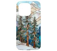 Paesaggio invernale Pino Alberi Stained Glass Xmas Celeste Custodia per iPhone 15 Pro