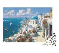 Paesaggio isola greca Difficile Puzzle 1000 pezzi per adulti Scena iconica di Santorini con cupole blu sul mare Premium robusto alta qualità vibrante stimolante antistress 70x50cm/1000pz