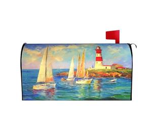 Paesaggio marino con barche, barche a vela e faro 04 Coperture per cassette postali, avvolgimenti magnetici, copertura per cassetta postale, decorazione per la casa e il giardino