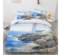 Paesaggio marino del faro parure copripiumino matrimoniale, Appassionati dell'oceano Copripiumino 200x200cm, Costa ad acquerello - Copripiumino in Microfibra 2 Federe, Blu Copripiumini e set da letto