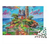 Paesaggio Marino Puzzle 1000 Pezzi per Adulti, Faro su Isola con Fiori e Mare, Sfidante, Difficile, Premium, Spesso, Robusto, Vivace, Antistress, Gioco Familiare 70x50cm/1000pz