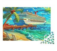 Paesaggio Marino Puzzle per Uomini e Donne 1000 Pezzi, Spiaggia Tropicale con Nave da Crociera e Palma, Spesso, Robusto, Vivace, Sfidante, Difficile, Antistress, Regalo Familiare 52x38cm/1000pz