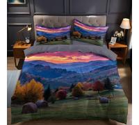 Paesaggio Naturale Set Copripiumino Singolo 135x200 cm Alberi al tramonto e pagliai Stampa 3D Microfibra, 1 Copripiumino + 2 Federe 50x80 cm per Bambini e Adulti