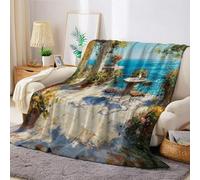 Paesaggio Pittoresco Coperta Plaid Pile Balcone con vista mare ad acquerello 3D Stampa Coperte Sherpa Flanella Morbida Calda Coperta Pile 220 x 240 cm Camera Viaggio Bambini Ufficio Ragazzi Ragazze